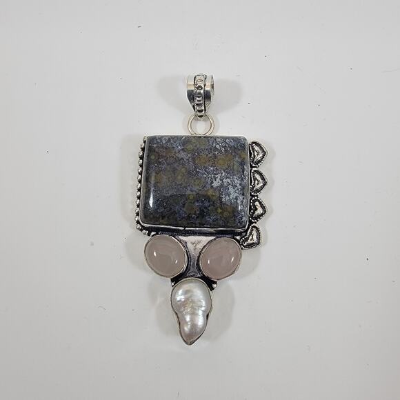 Handmade Silver Pendant with Ocean Jasper, Rose Quartz & Pearl - Picture 10 of 10